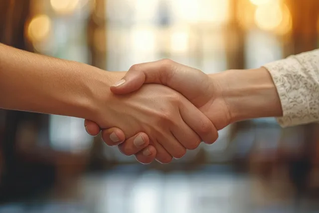 Two people shake hands in a warm softly lit indoor setting with a blurred background.