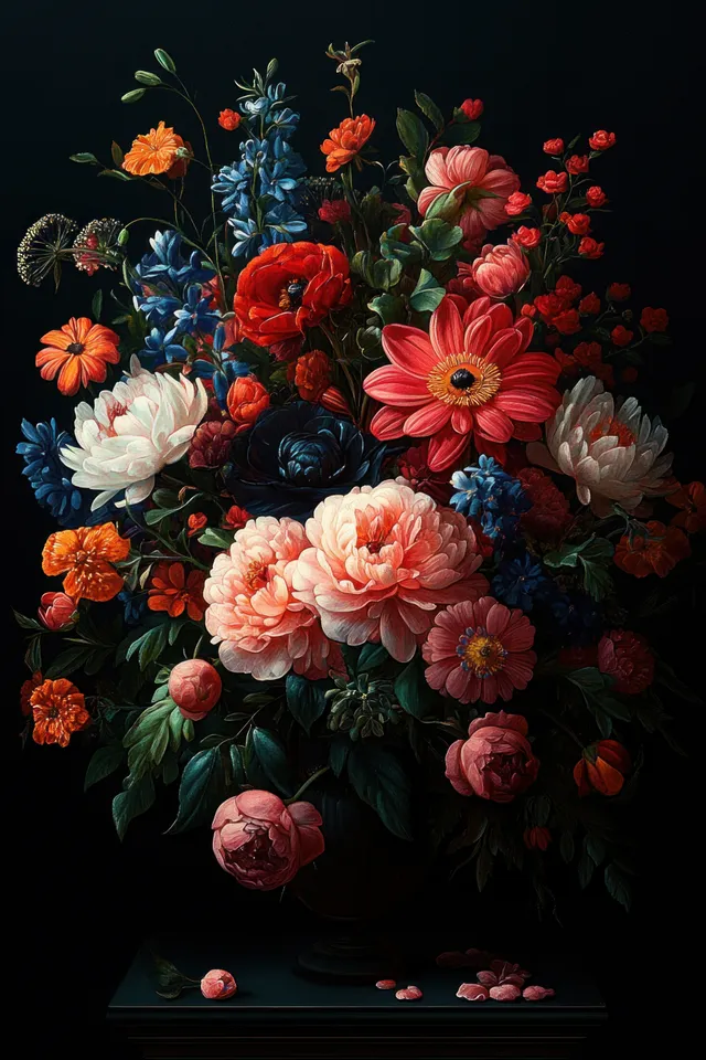 Colorful flower bouquet on dark background with peonies and daisies