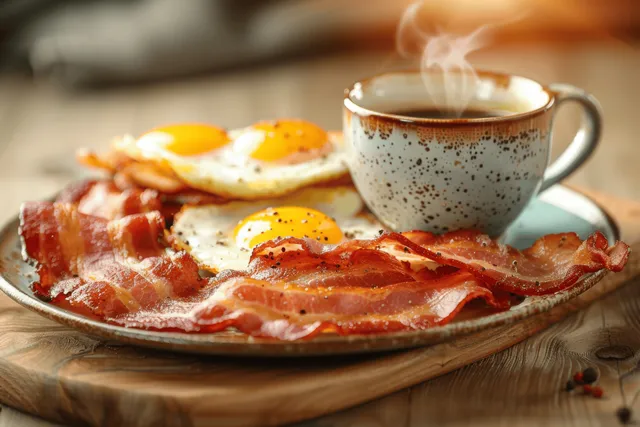 Sunny breakfast plate with fried eggs and bacon, steaming coffee cup on wooden table