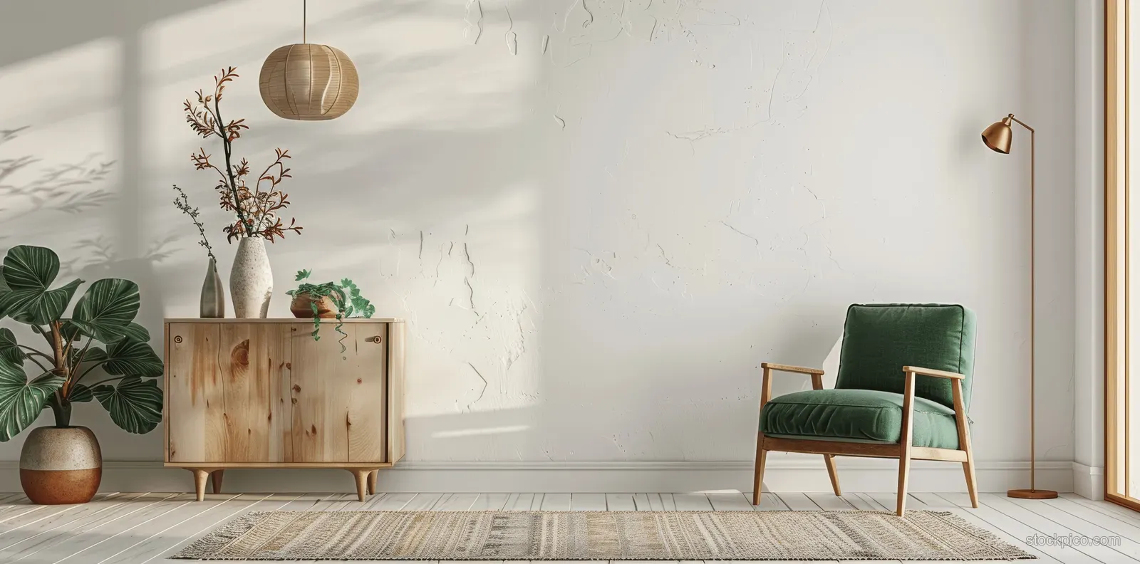 Green armchair beside a wooden cabinet and plants in a bright minimalist Scandinavian living room.