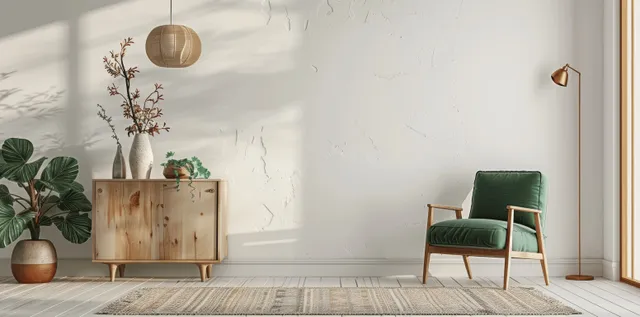 Green armchair beside a wooden cabinet and plants in a bright minimalist Scandinavian living room.