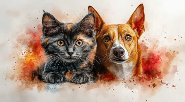 Scottish Fold cat and Greyhound dog together on a warm watercolor splatter background with a medical cross theme.