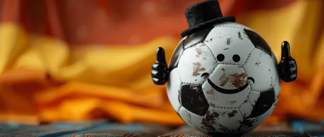 Smiling soccer ball with a face wears a black top hat and raises a thumbs-up against a German flag themed backdrop.