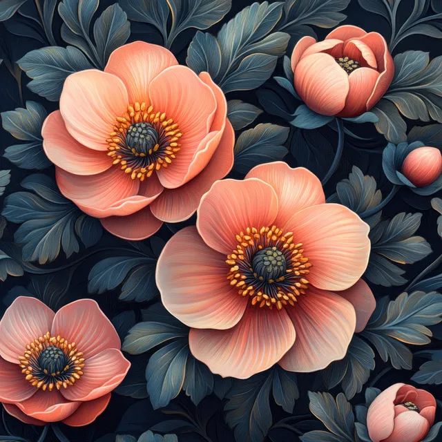 Art Nouveau seamless pattern with pink blossoms and green leaves on a deep navy background.