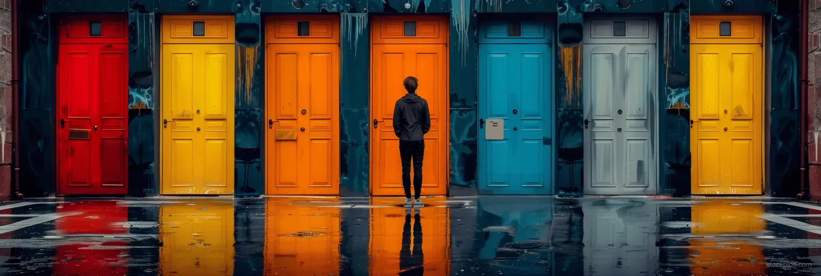 A businessman stands facing colorful doors in a wet hallway, with reflections on the shiny floor.