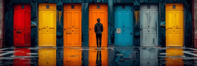 Businessman stands before colorful doors, contemplating career paths in a rainy corridor reflection