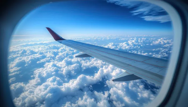 Airplane wing viewed through an aircraft window with fluffy clouds and blue sky outside.