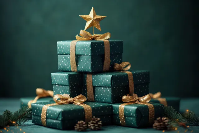 Christmas gift boxes are stacked in a pyramid with golden ribbons and a star on top on a dark green backdrop.