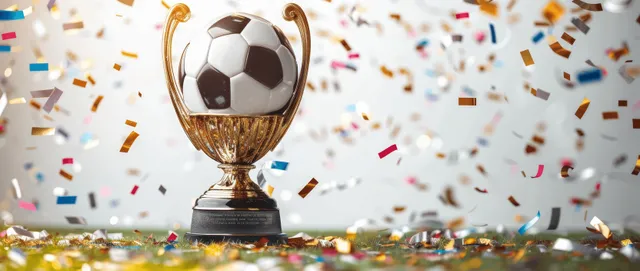 Golden soccer trophy with a soccer ball on top surrounded by colorful confetti on a white background.