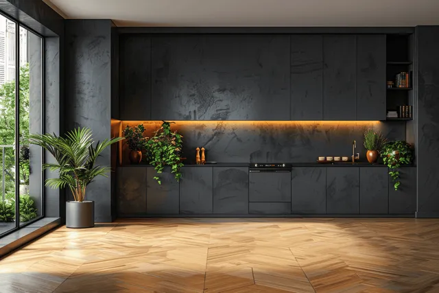 Minimalist modern kitchen with dark cabinets, warm light glow, herringbone wood floor