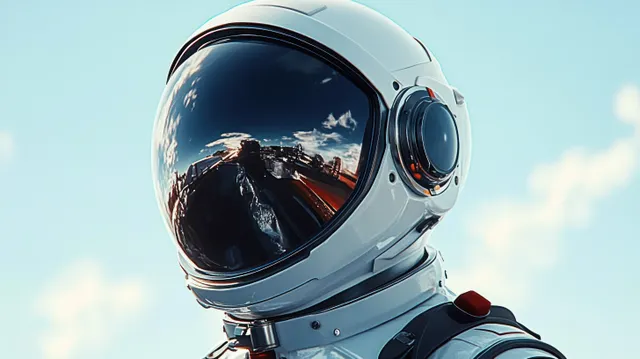 Astronaut helmet close-up with a reflective visor showing blue sky and clouds.