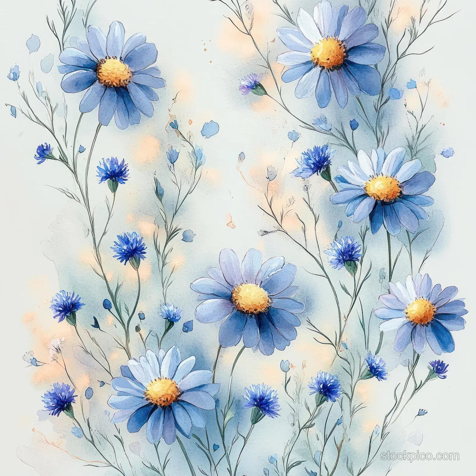 Seamless watercolor wildflower pattern with blue cornflowers and daisies on a soft light-gray background.