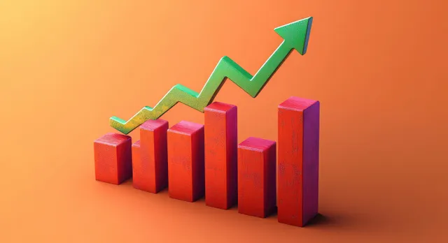 Green arrow rising over multicolor bar chart on warm orange background