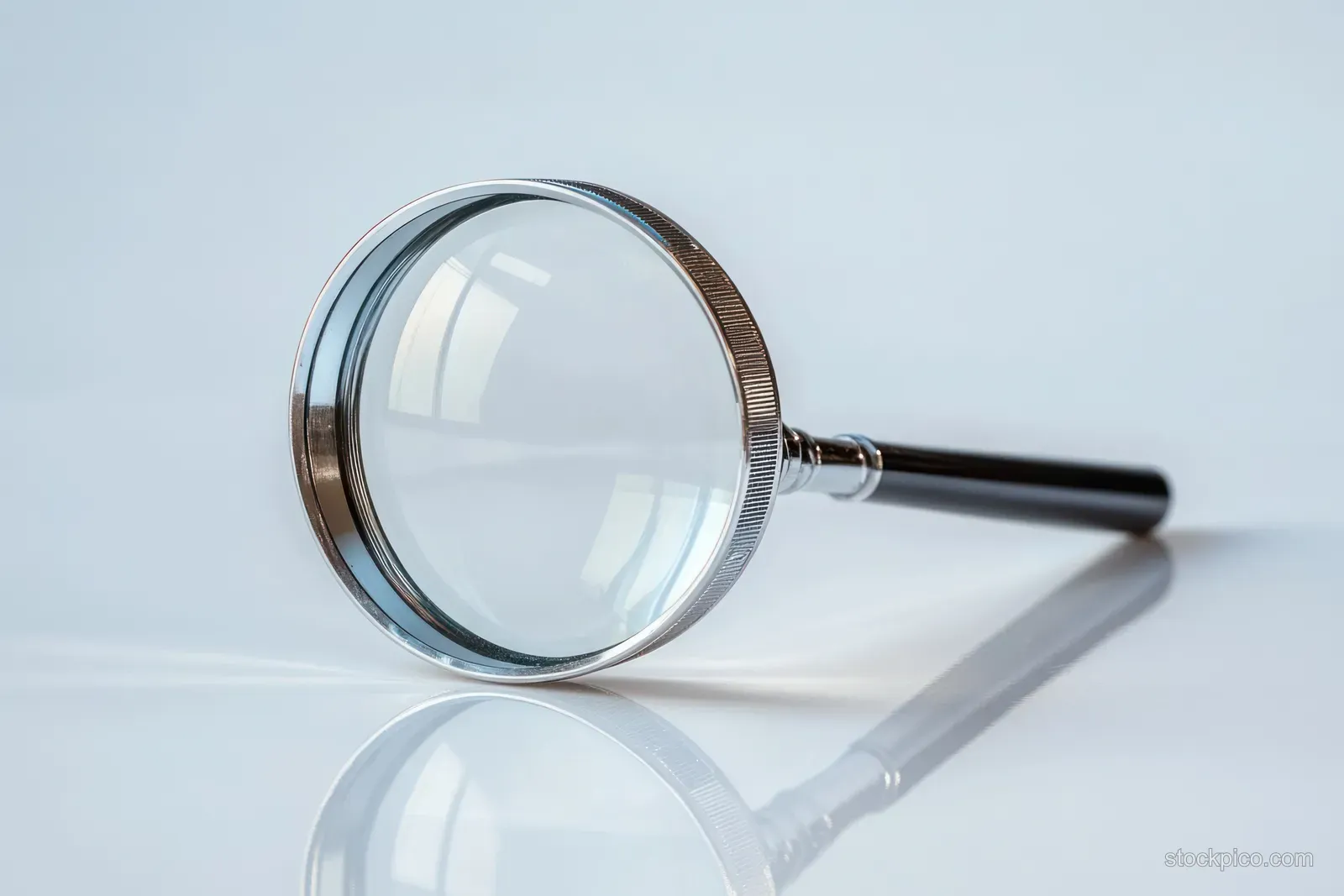 Magnifying glass with metallic rim and black handle lying on a reflective white surface, showing lens reflection and shadow.