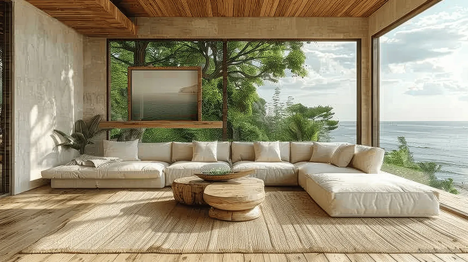 Beige sectional sofa and wooden coffee table in a minimalist living room with wall art and a sea-view window.