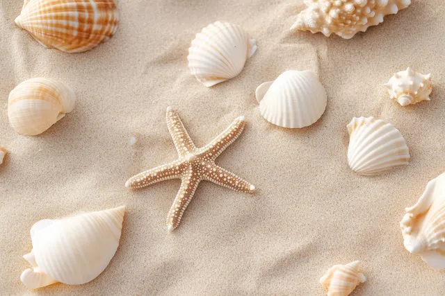 Starfish and multiple white seashells scattered across sandy beach in a top-down view.