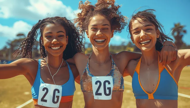 Three smiling female athletes stand on an outdoor track wearing sports bras and race bibs under a sunny sky.