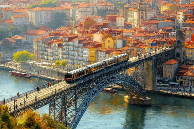 A train rides across a historic stone bridge over the Douro River beside red-roofed Porto buildings in summer light.