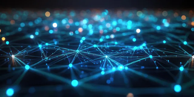 Neon data network nodes connecting across a cyberpunk digital city skyline at night