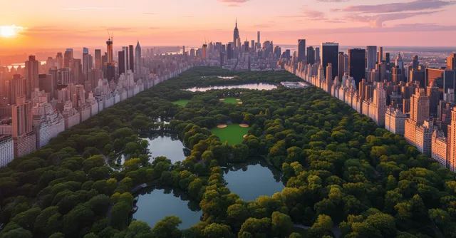 Aerial sunset view of Central Park framed by Manhattan skyscrapers and warm city sky.