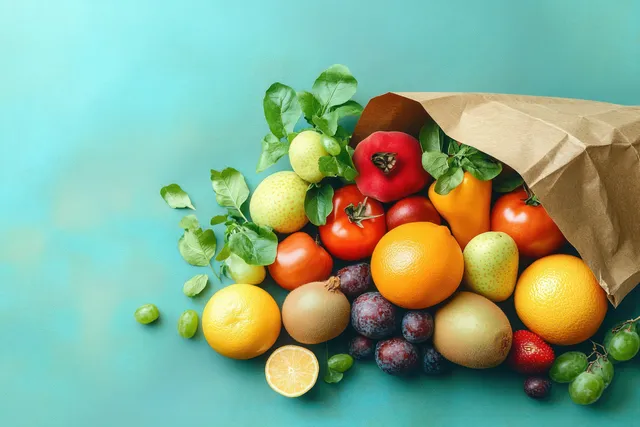 Fresh citrus and tomatoes spill from a brown paper bag on a turquoise background in a top-down view.