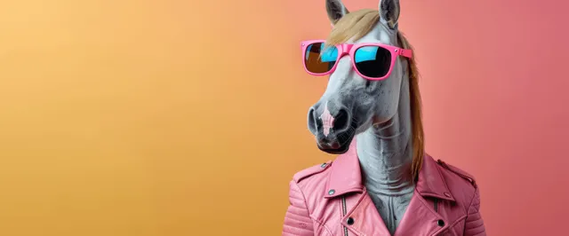 Cool gray horse wearing pink jacket and oversized blue sunglasses on pastel studio backdrop