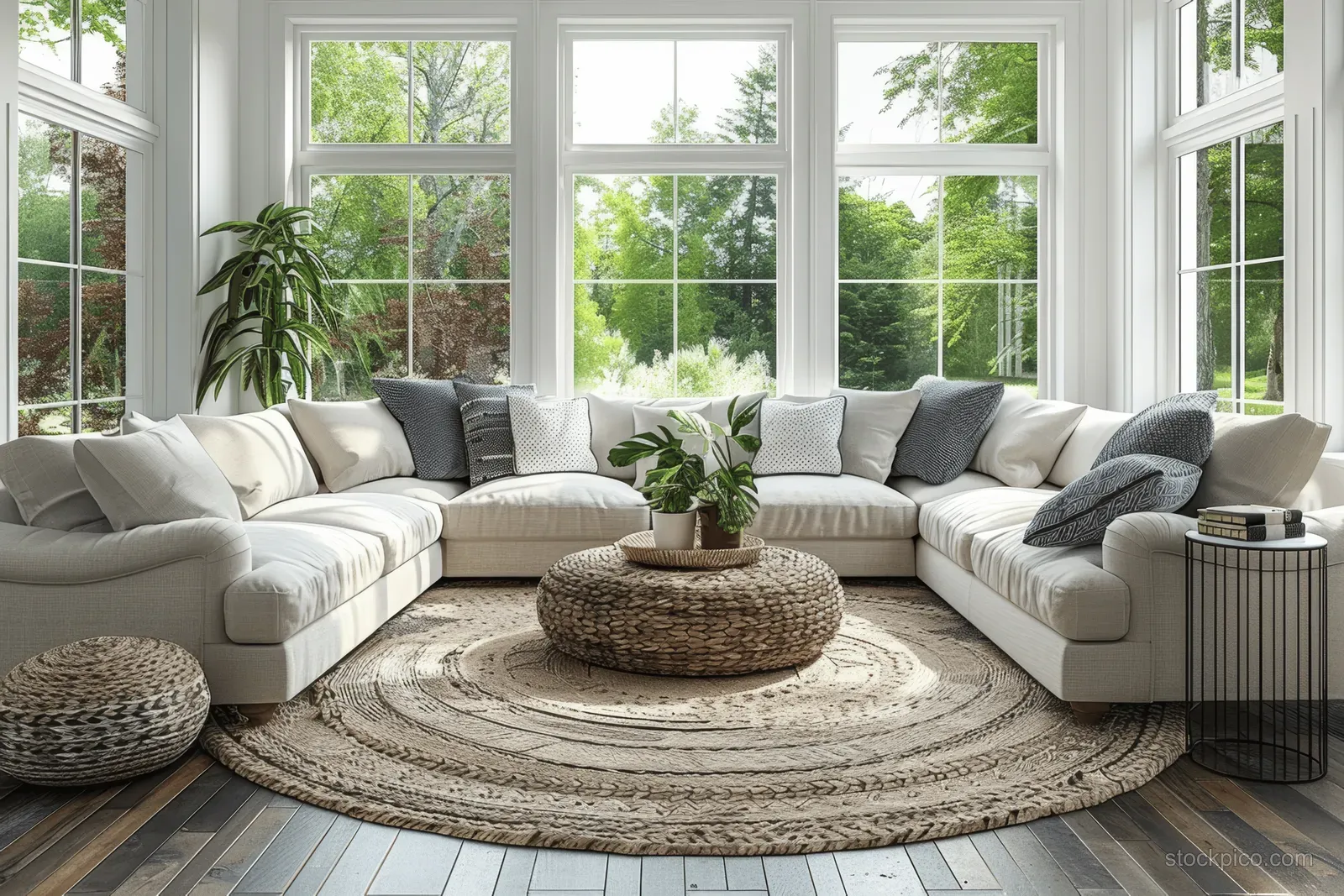 Sunlit Scandinavian living room with beige sectional, round patterned rug, white walls, large windows, and potted plants.