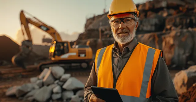 Smiling senior engineer in hard hat and vest holding tablet at earthworks construction site