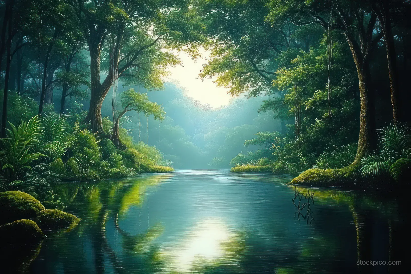 A peaceful river winds through a dense green Eden garden with misty dawn light and glowing reflections.