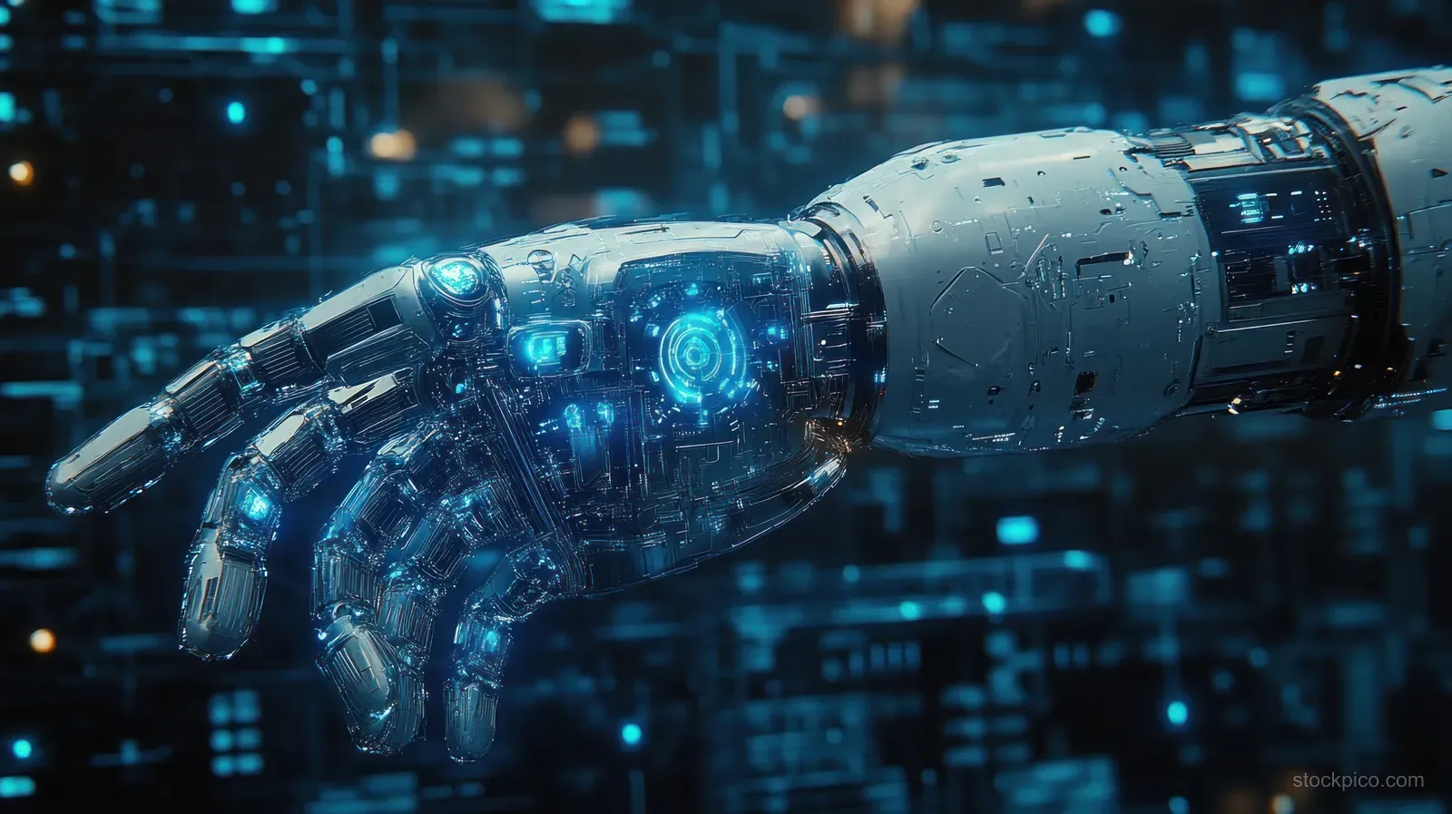 Robotic arm with glowing blue joints extending from a blurred industrial control room background.