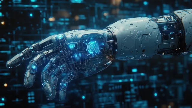 Robotic arm with glowing blue joints extending from a blurred industrial control room background.