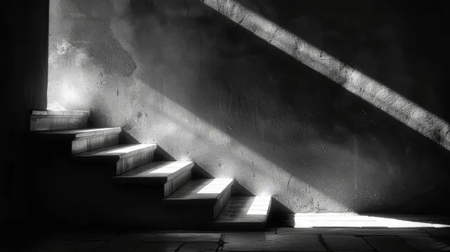 A dim interior staircase ascends toward darkness as light from a window casts long, sharp shadows on stone steps.