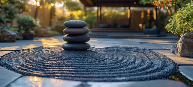 Stacked stones shaped like a heart sit on raked sand in a peaceful zen garden at sunrise.