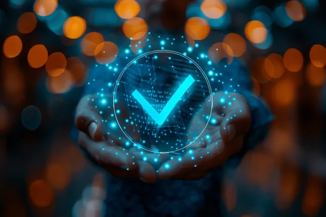 Hands Presenting a Glowing AI Check Mark in Dark Office Light