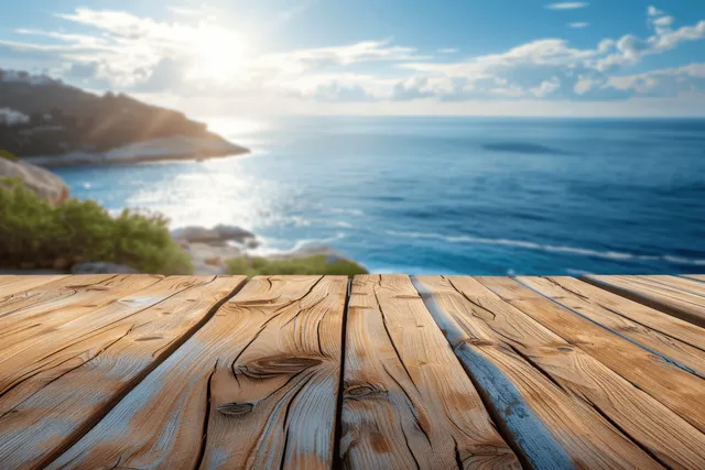 Wooden deck planks in the foreground overlook an ocean coastline under a clear blue sky.