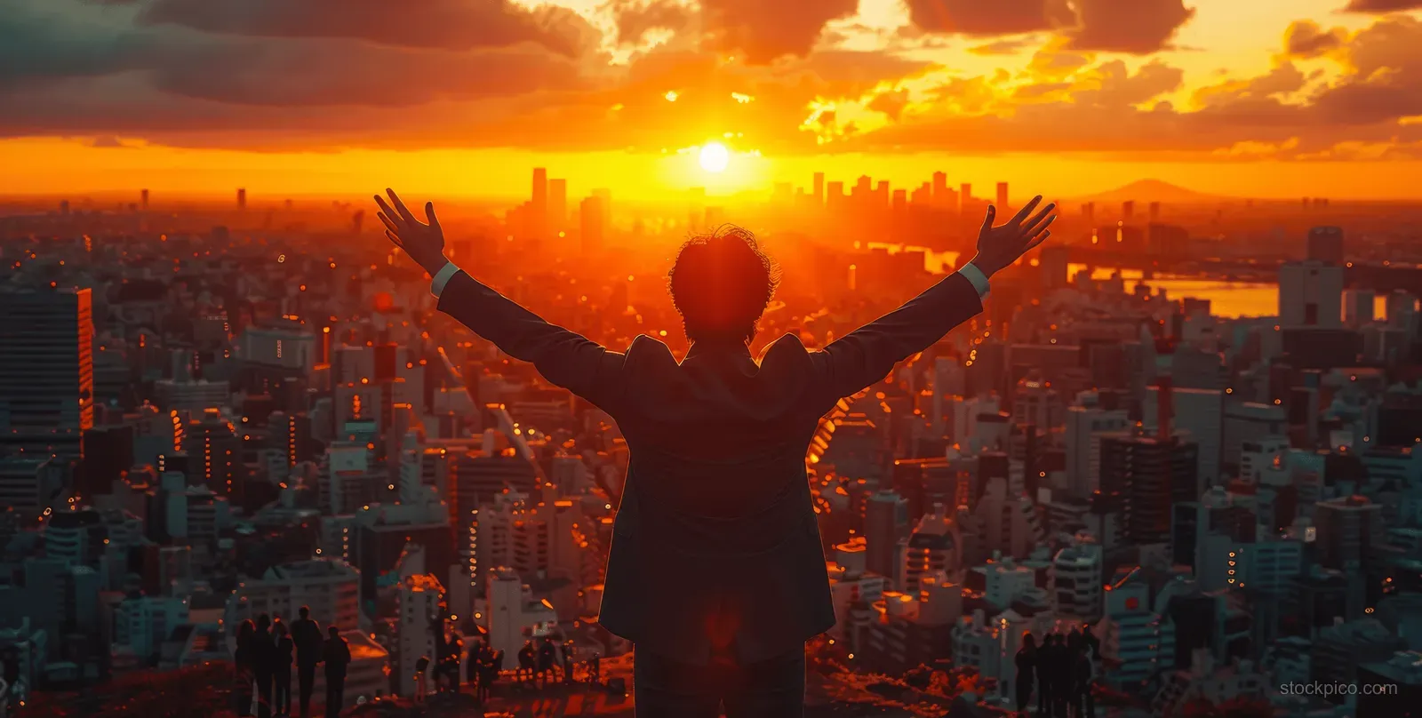 Silhouetted businessman with arms raised overlooks a glowing city skyline at sunset.