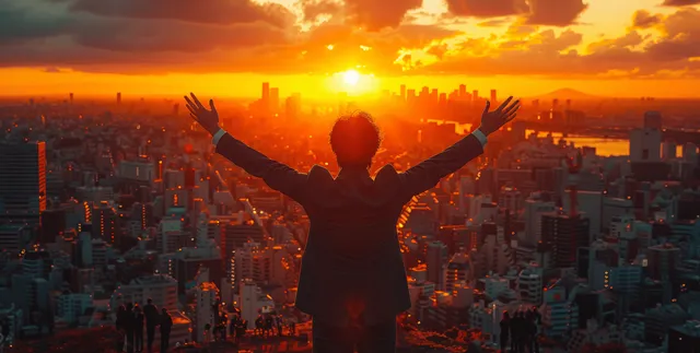 Silhouetted businessman with arms raised overlooks a glowing city skyline at sunset.