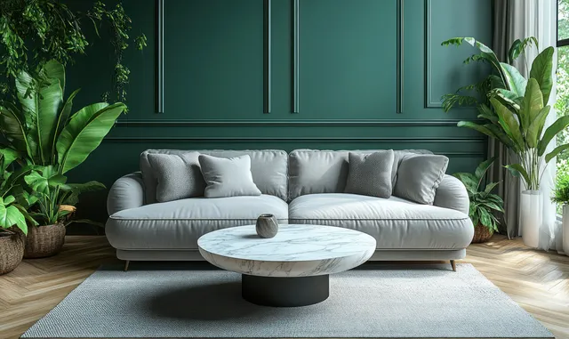 Gray sofa and round marble coffee table sit in a bright living room with dark green wall paneling and potted plants.