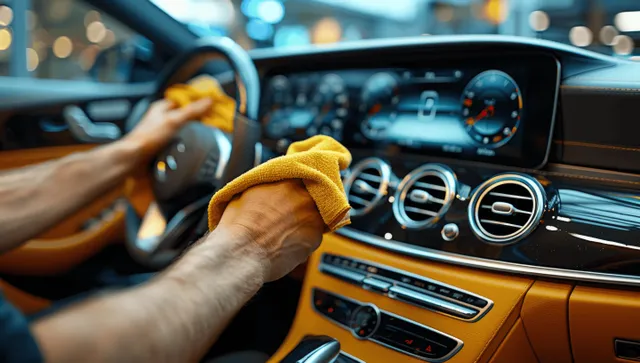 A hand wipes a modern car dashboard with a yellow microfiber cloth in a garage.