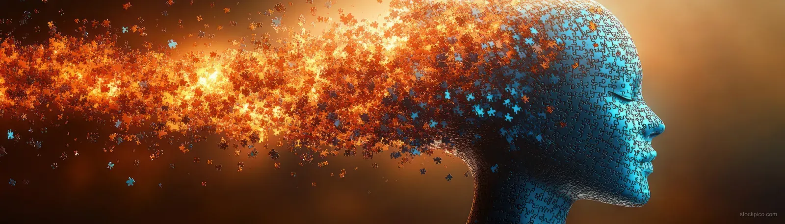 A blue puzzle-piece human head releases fiery orange glowing fragments from its profile into smoky air.