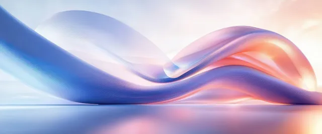 Futuristic flowing ribbon waves over a luminous gradient horizon