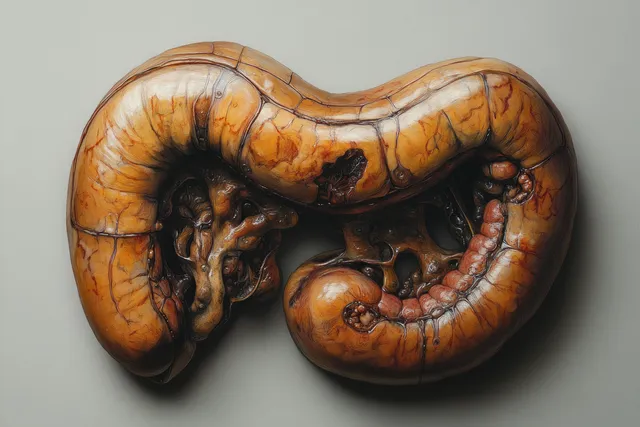Cutaway stomach and esophagus illustration showing acid reflux and inflamed esophageal tissue near the junction.