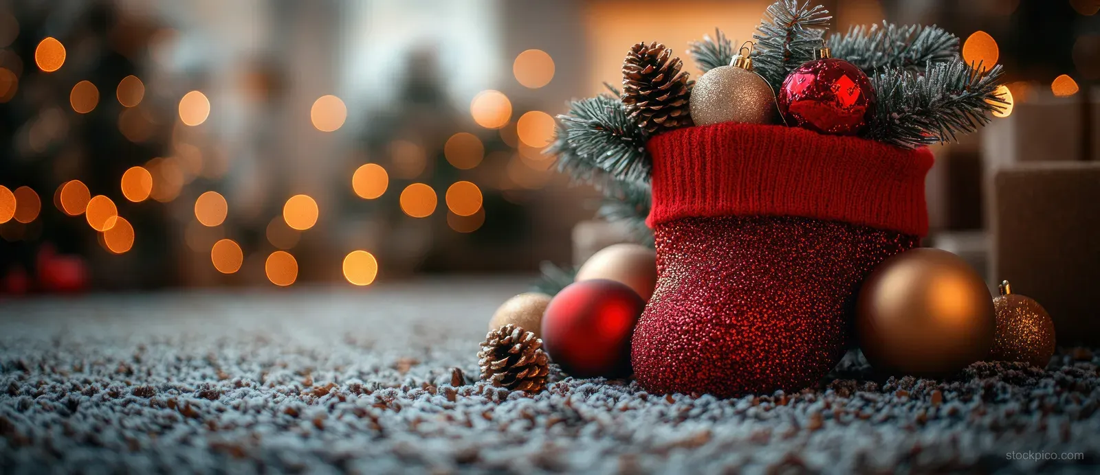 A red Christmas stocking filled with ornaments and pine sprigs rests on snow under warm glowing bokeh lights.