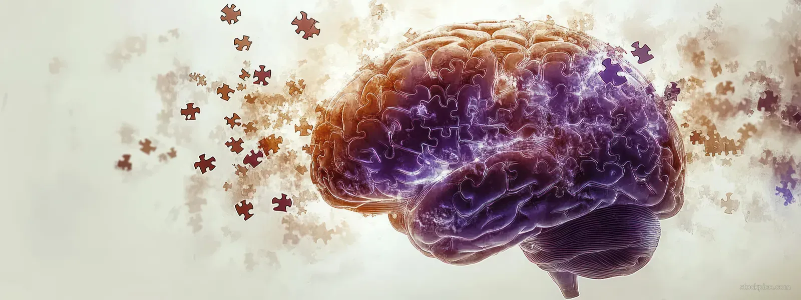 Purple glowing puzzle-piece brain floats above drifting fragments, visually representing memory loss.