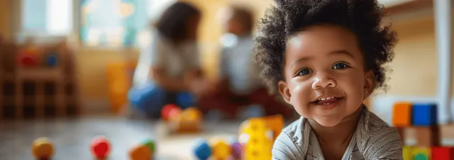 Smiling African American toddler playing with colorful blocks in a daycare nursery