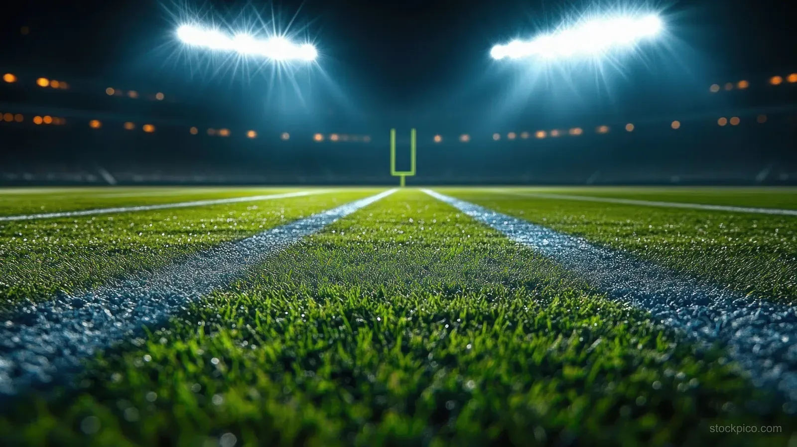 American football field at night glowing under stadium lights with visible yard lines and deep turf shadows.