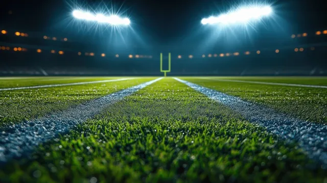 American football field at night glowing under stadium lights with visible yard lines and deep turf shadows.
