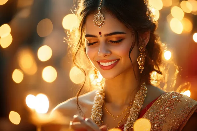 Indian girl holding sparklers for Diwali celebration in glowing night bokeh light