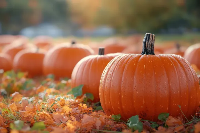 A foreground orange pumpkin with dew rests on fallen autumn leaves as other pumpkins blur behind it.