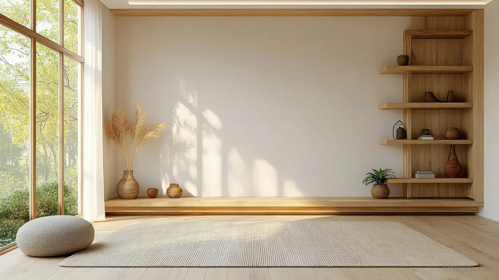 Minimal Scandinavian living room with a wall-mounted TV, light wood shelves, and sunlight streaming through large windows.